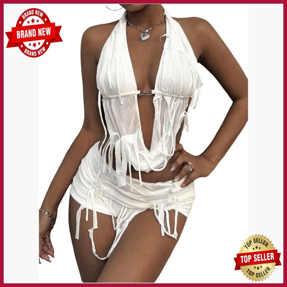 Distressed Halter Top Mini Shorts Set Stretchy Polyester Rave Club Outfit